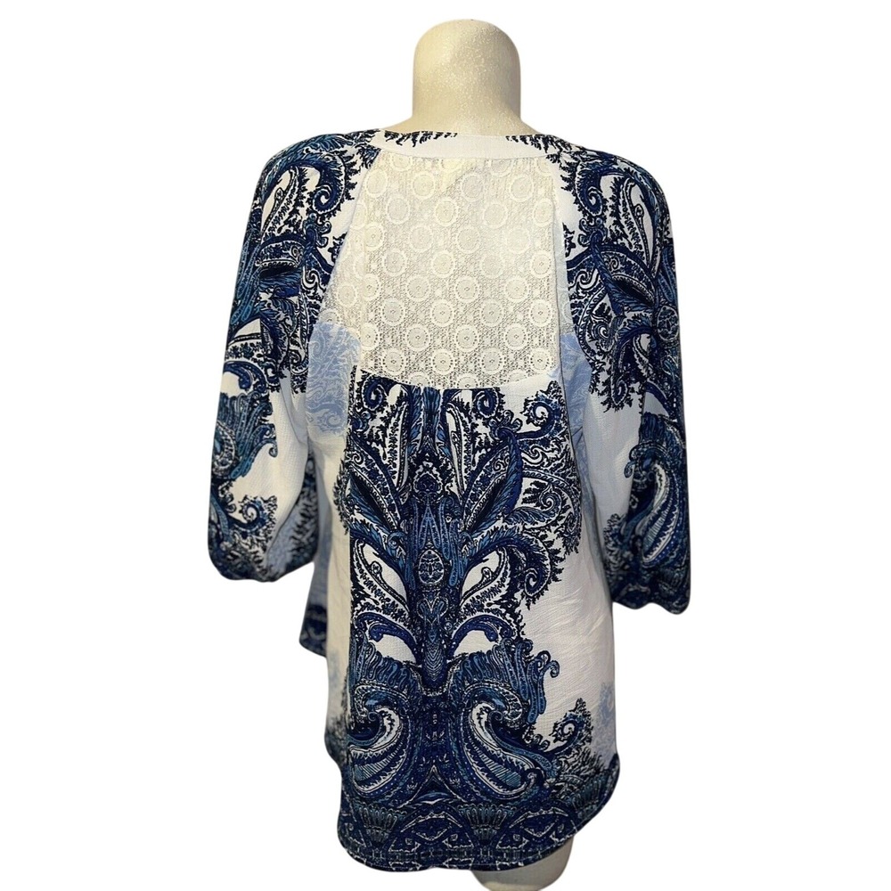 Fig and Flower Paisley Lace Back Tunic Top Women L Blue White Bell Sleeve Boho - Picture 4 of 10